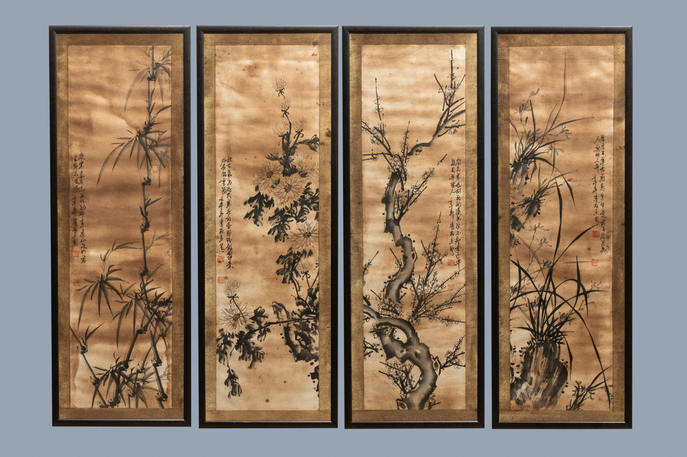 Ecole chinoise, Qing Yudian (1936), encre sur papier: Quatre compositions florales